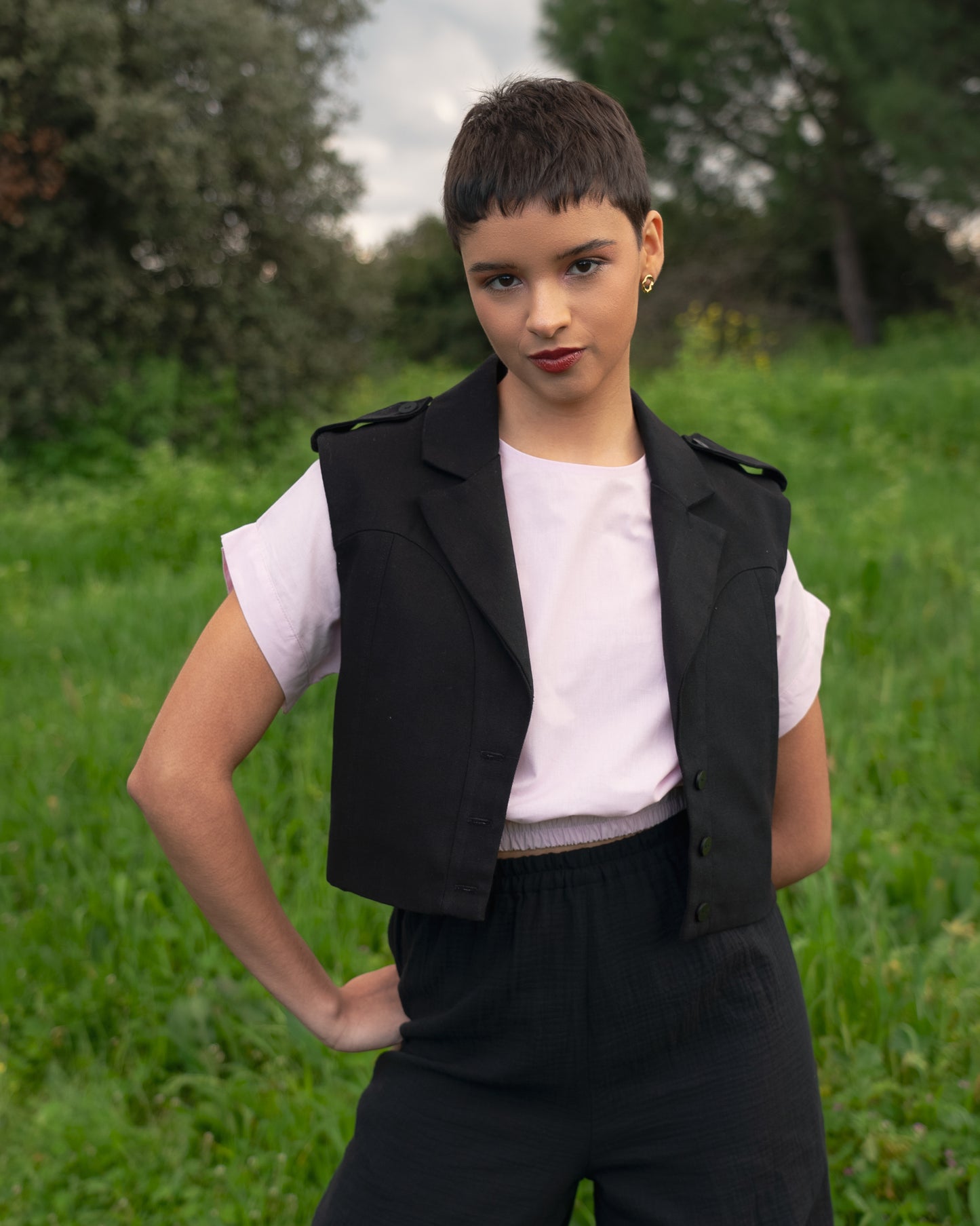 Mauve Cotton Top with Elastic Waist and Tie Detail and Black Cotton Vest with Front Buttons and Shoulder Flaps