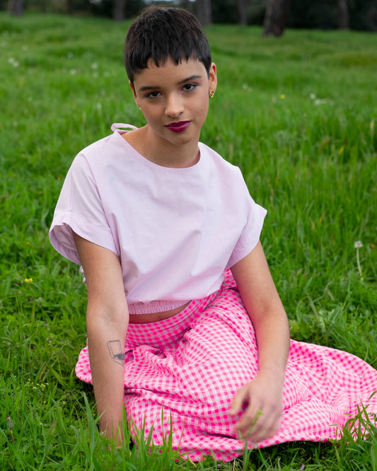 Mauve Cotton Top with Elastic Waist and Tie Detail