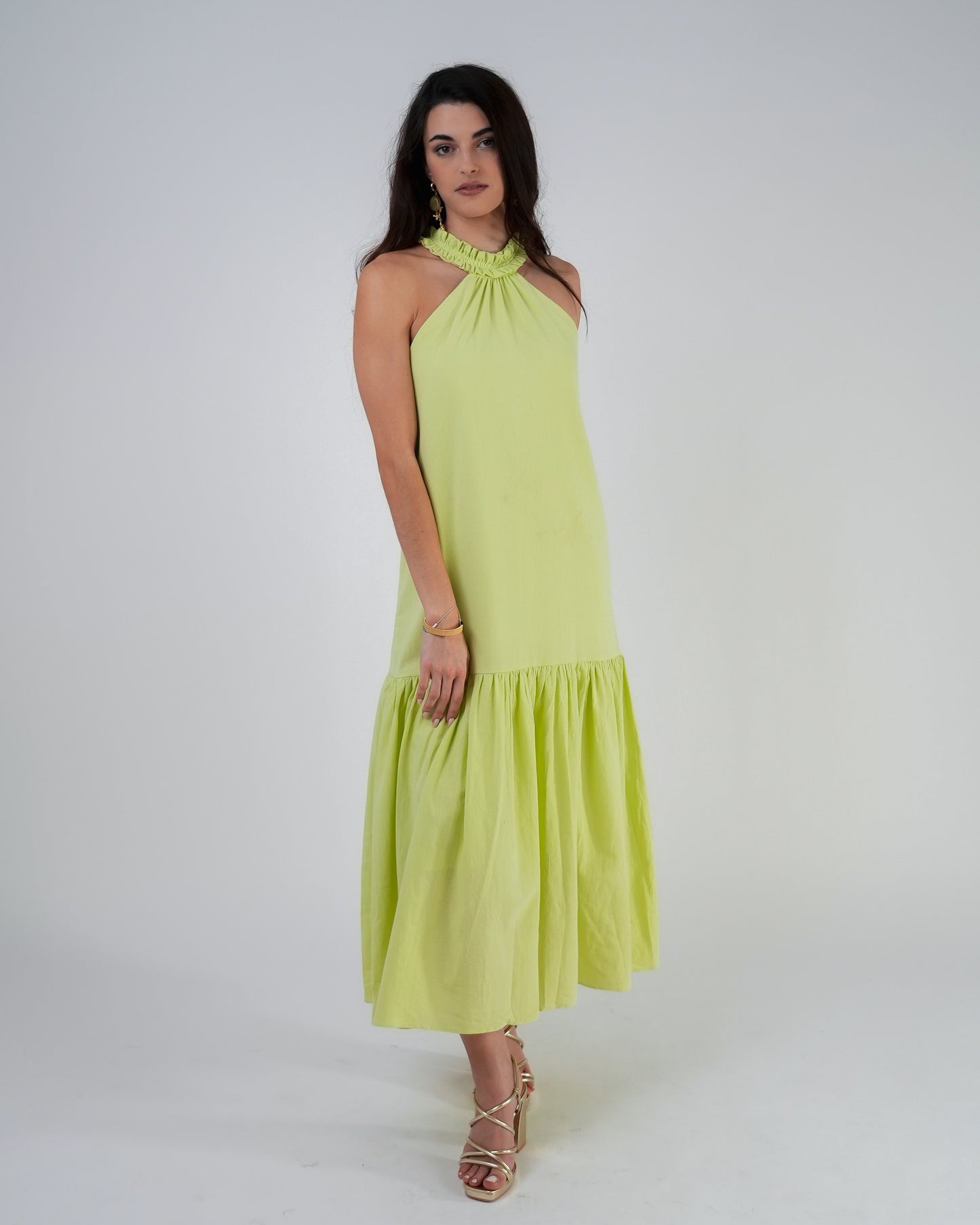 Vestido mimosa — algodón rústico, color lima