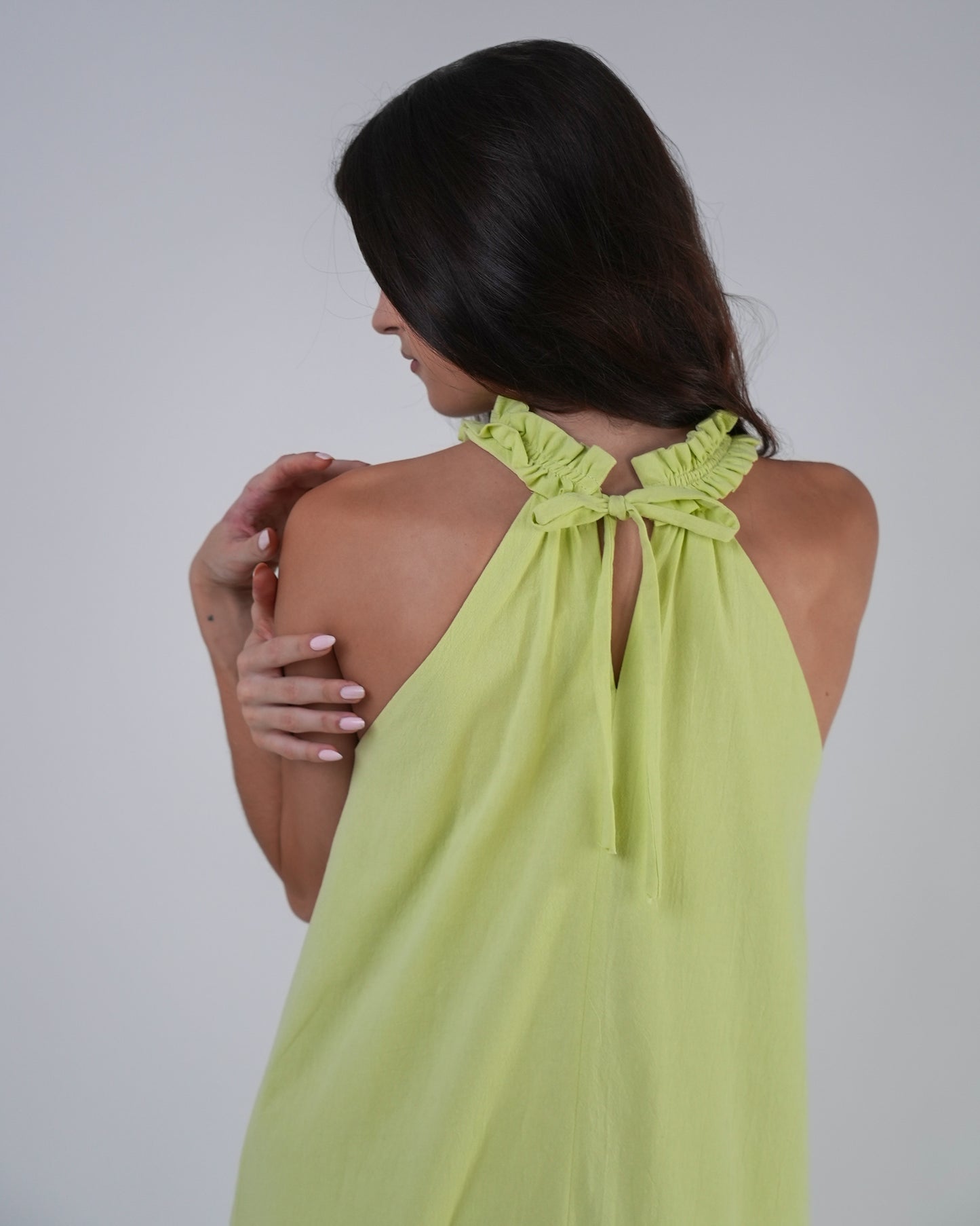 Vestido mimosa — algodón rústico, color lima