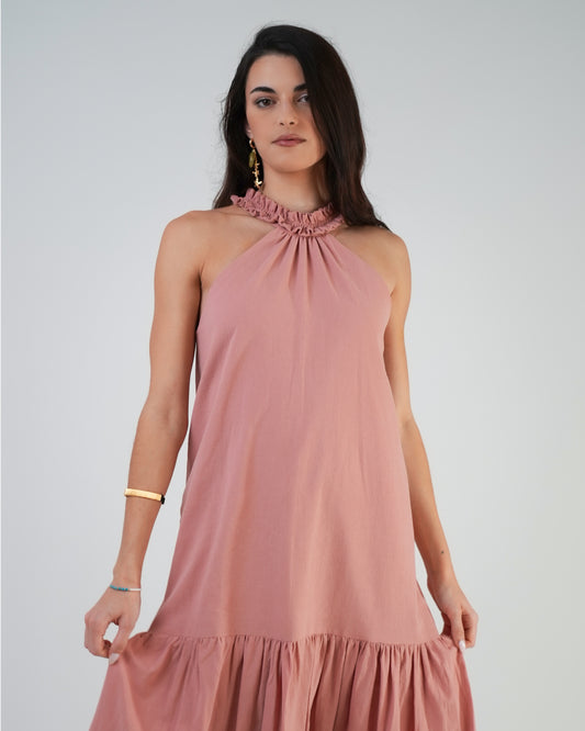 Vestido mimosa — algodón rústico, color rosa empolvado.